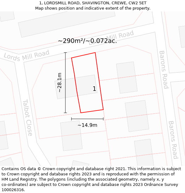 1, LORDSMILL ROAD, SHAVINGTON, CREWE, CW2 5ET: Plot and title map