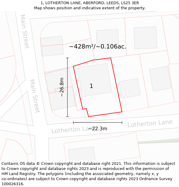 1, LOTHERTON LANE, ABERFORD, LEEDS, LS25 3ER: Plot and title map