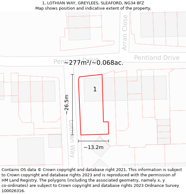 1, LOTHIAN WAY, GREYLEES, SLEAFORD, NG34 8FZ: Plot and title map