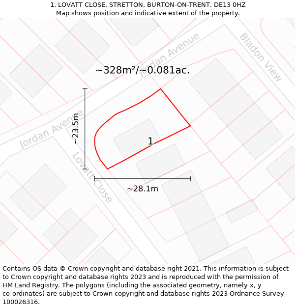 1, LOVATT CLOSE, STRETTON, BURTON-ON-TRENT, DE13 0HZ: Plot and title map