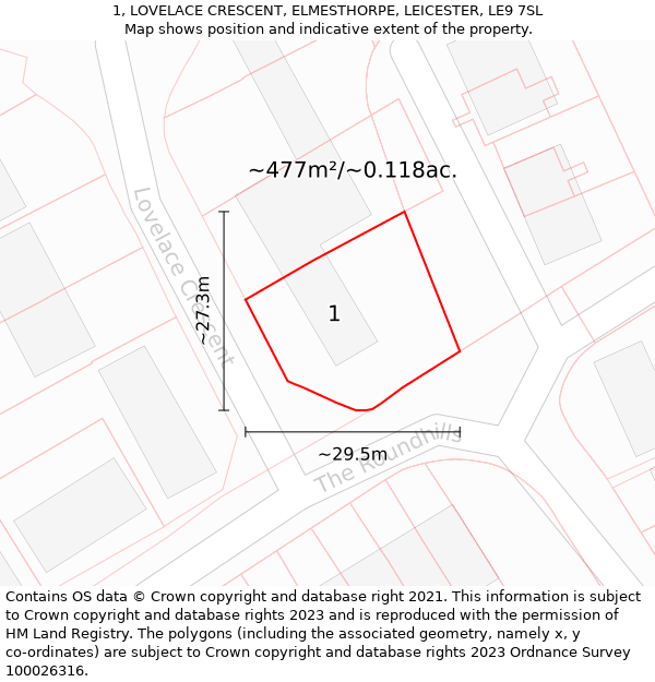 1, LOVELACE CRESCENT, ELMESTHORPE, LEICESTER, LE9 7SL: Plot and title map