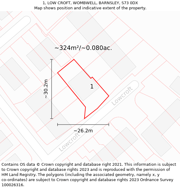 1, LOW CROFT, WOMBWELL, BARNSLEY, S73 0DX: Plot and title map