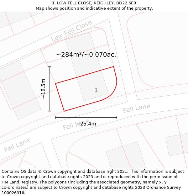1, LOW FELL CLOSE, KEIGHLEY, BD22 6ER: Plot and title map