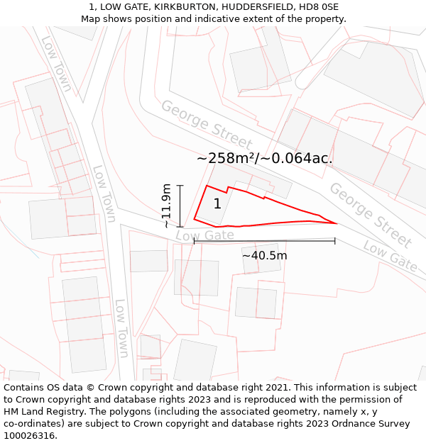 1, LOW GATE, KIRKBURTON, HUDDERSFIELD, HD8 0SE: Plot and title map