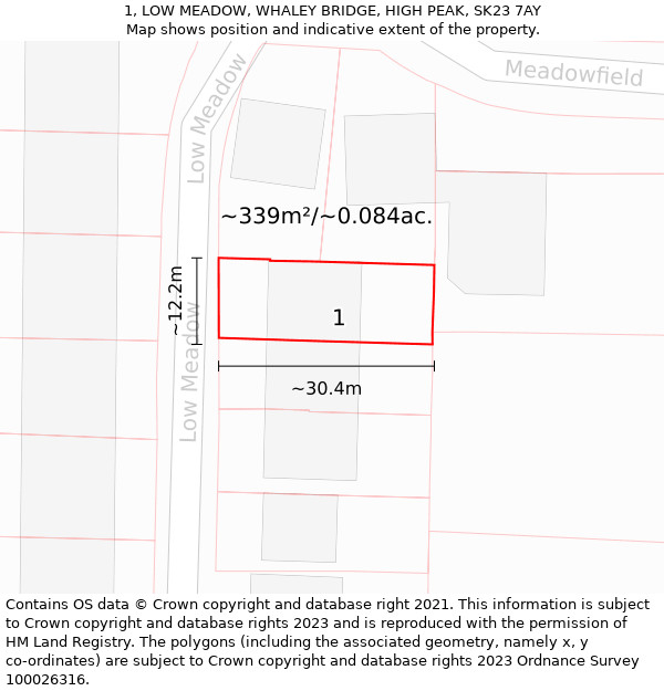 1, LOW MEADOW, WHALEY BRIDGE, HIGH PEAK, SK23 7AY: Plot and title map