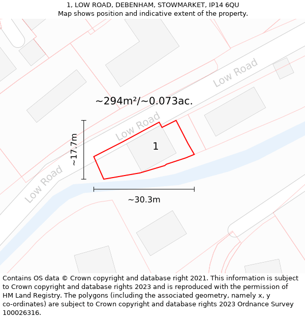 1, LOW ROAD, DEBENHAM, STOWMARKET, IP14 6QU: Plot and title map