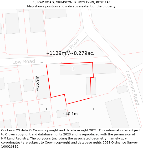 1, LOW ROAD, GRIMSTON, KING'S LYNN, PE32 1AF: Plot and title map