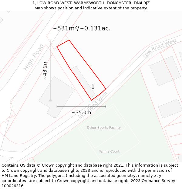 1, LOW ROAD WEST, WARMSWORTH, DONCASTER, DN4 9JZ: Plot and title map