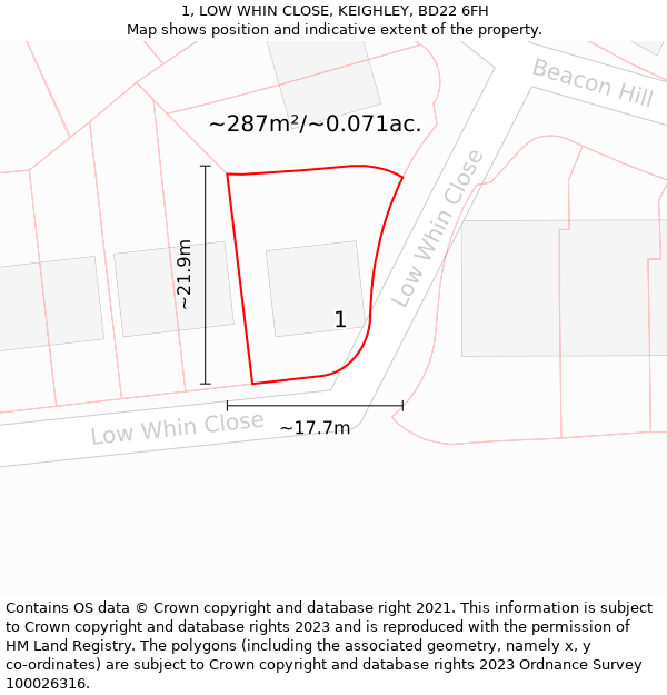 1, LOW WHIN CLOSE, KEIGHLEY, BD22 6FH: Plot and title map