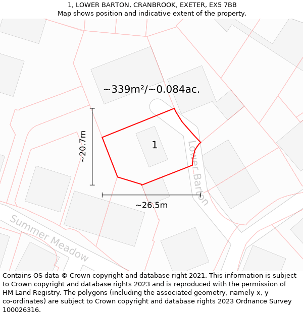 1, LOWER BARTON, CRANBROOK, EXETER, EX5 7BB: Plot and title map