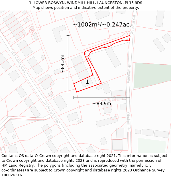 1, LOWER BOSWYN, WINDMILL HILL, LAUNCESTON, PL15 9DS: Plot and title map