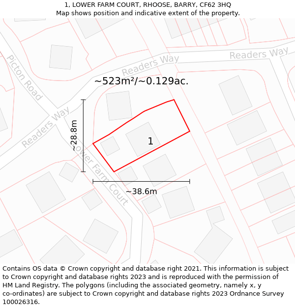 1, LOWER FARM COURT, RHOOSE, BARRY, CF62 3HQ: Plot and title map