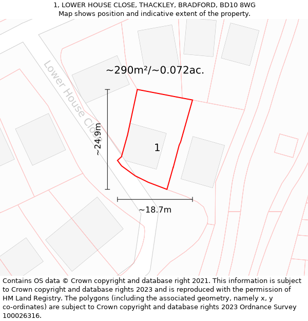 1, LOWER HOUSE CLOSE, THACKLEY, BRADFORD, BD10 8WG: Plot and title map