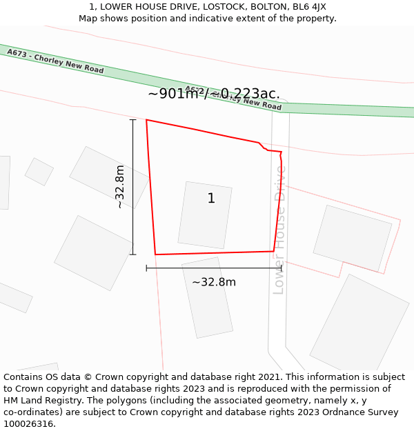 1, LOWER HOUSE DRIVE, LOSTOCK, BOLTON, BL6 4JX: Plot and title map