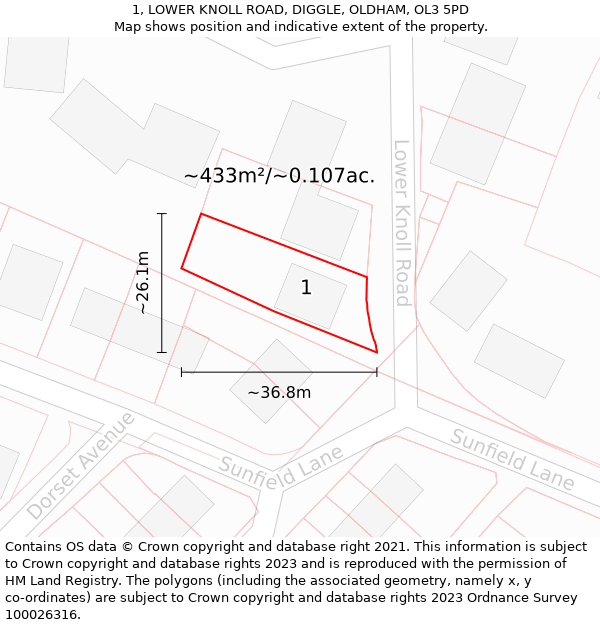 1, LOWER KNOLL ROAD, DIGGLE, OLDHAM, OL3 5PD: Plot and title map