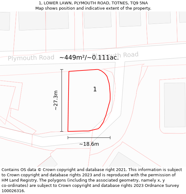 1, LOWER LAWN, PLYMOUTH ROAD, TOTNES, TQ9 5NA: Plot and title map