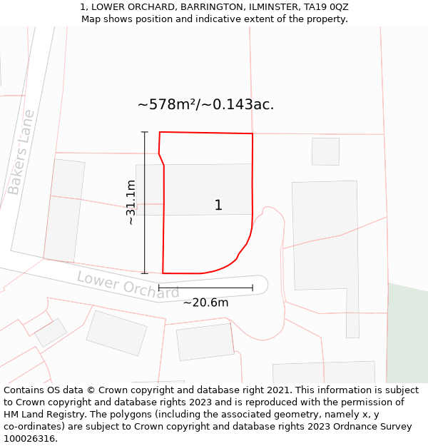 1, LOWER ORCHARD, BARRINGTON, ILMINSTER, TA19 0QZ: Plot and title map