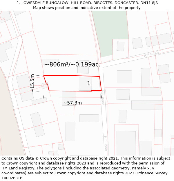 1, LOWESDALE BUNGALOW, HILL ROAD, BIRCOTES, DONCASTER, DN11 8JS: Plot and title map