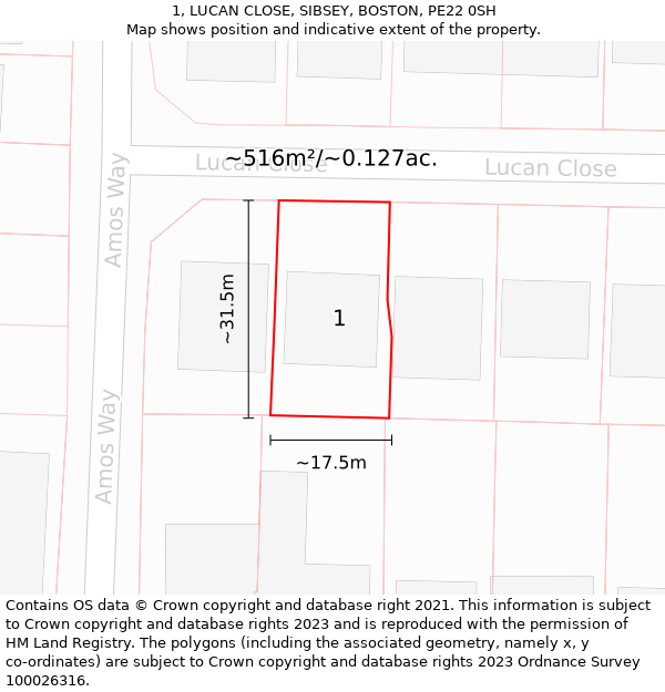 1, LUCAN CLOSE, SIBSEY, BOSTON, PE22 0SH: Plot and title map