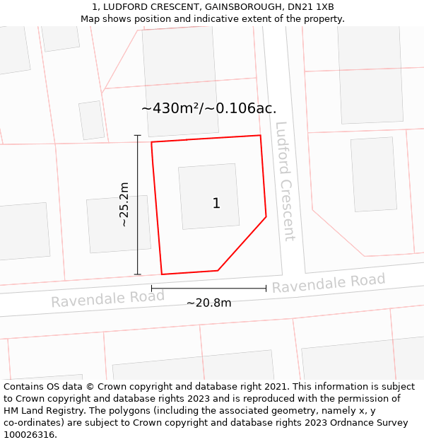 1, LUDFORD CRESCENT, GAINSBOROUGH, DN21 1XB: Plot and title map