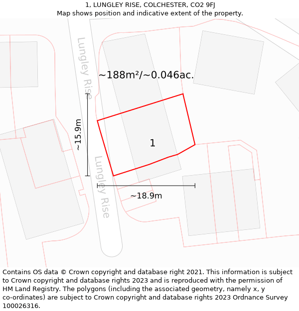 1, LUNGLEY RISE, COLCHESTER, CO2 9FJ: Plot and title map