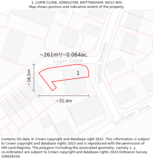 1, LUPIN CLOSE, EDWALTON, NOTTINGHAM, NG12 4HU: Plot and title map