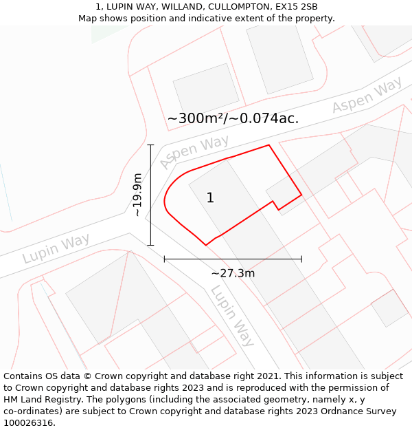 1, LUPIN WAY, WILLAND, CULLOMPTON, EX15 2SB: Plot and title map