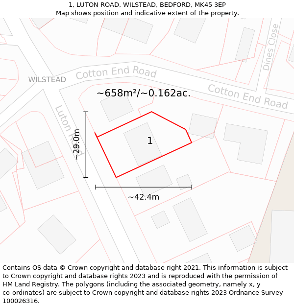 1, LUTON ROAD, WILSTEAD, BEDFORD, MK45 3EP: Plot and title map