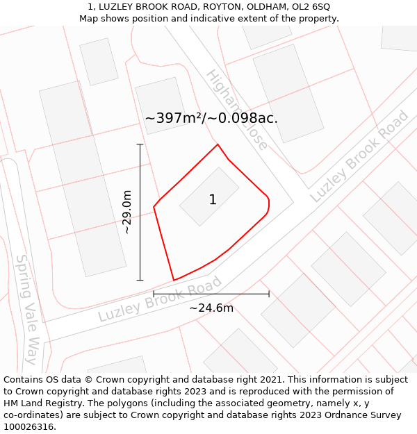 1, LUZLEY BROOK ROAD, ROYTON, OLDHAM, OL2 6SQ: Plot and title map