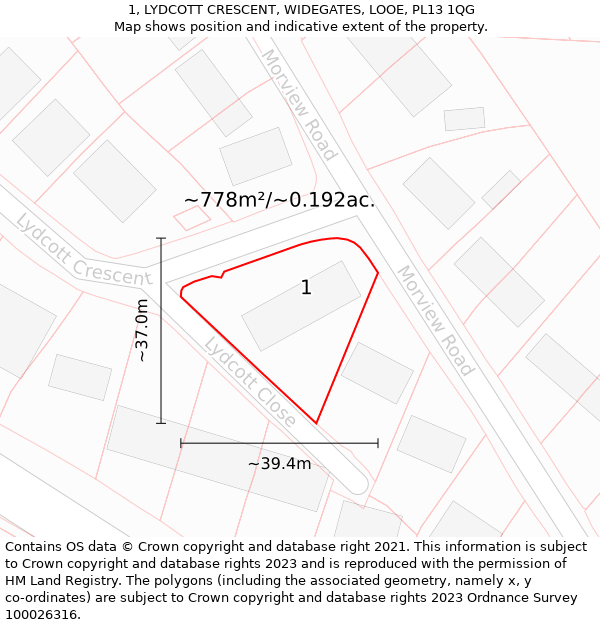 1, LYDCOTT CRESCENT, WIDEGATES, LOOE, PL13 1QG: Plot and title map