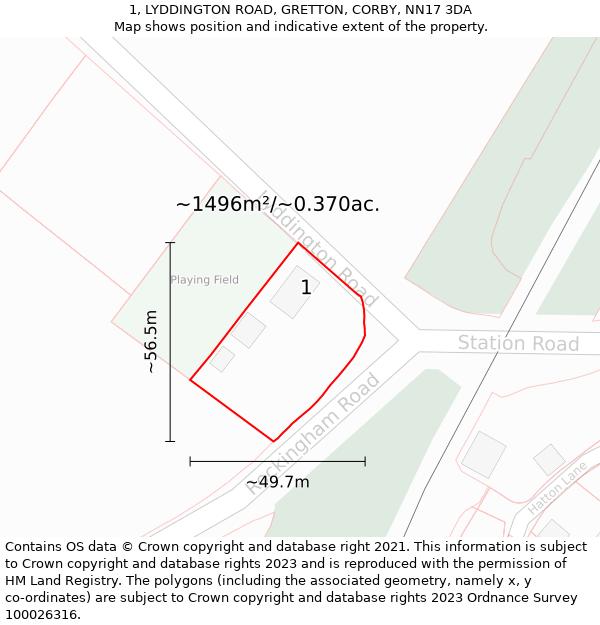 1, LYDDINGTON ROAD, GRETTON, CORBY, NN17 3DA: Plot and title map