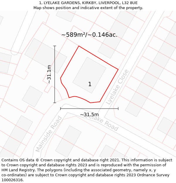 1, LYELAKE GARDENS, KIRKBY, LIVERPOOL, L32 8UE: Plot and title map