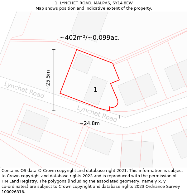 1, LYNCHET ROAD, MALPAS, SY14 8EW: Plot and title map