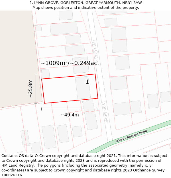 1, LYNN GROVE, GORLESTON, GREAT YARMOUTH, NR31 8AW: Plot and title map