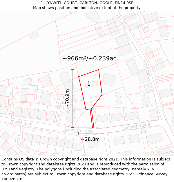 1, LYNWITH COURT, CARLTON, GOOLE, DN14 9SB: Plot and title map