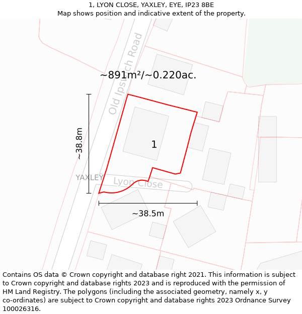 1, LYON CLOSE, YAXLEY, EYE, IP23 8BE: Plot and title map