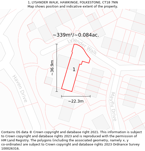 1, LYSANDER WALK, HAWKINGE, FOLKESTONE, CT18 7NN: Plot and title map