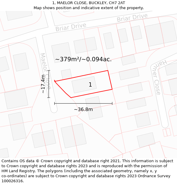 1, MAELOR CLOSE, BUCKLEY, CH7 2AT: Plot and title map