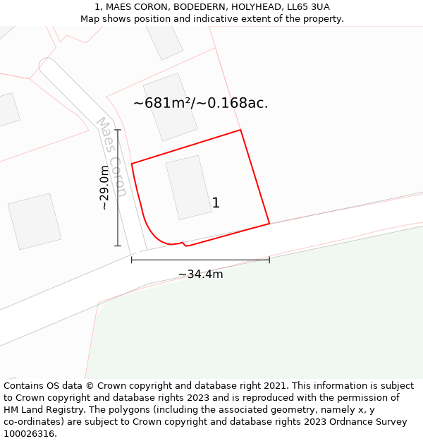 1, MAES CORON, BODEDERN, HOLYHEAD, LL65 3UA: Plot and title map