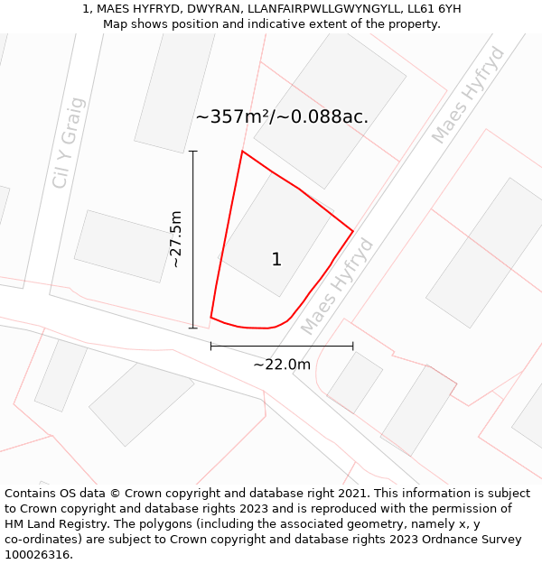 1, MAES HYFRYD, DWYRAN, LLANFAIRPWLLGWYNGYLL, LL61 6YH: Plot and title map