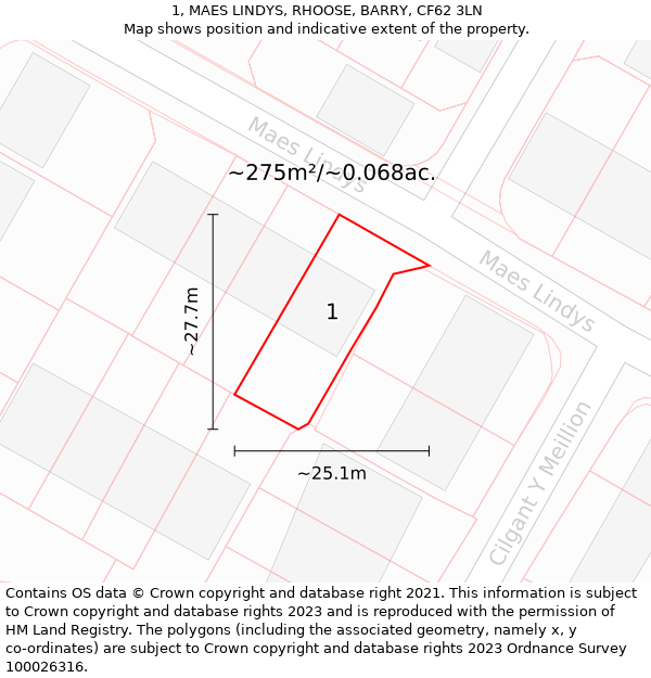 1, MAES LINDYS, RHOOSE, BARRY, CF62 3LN: Plot and title map