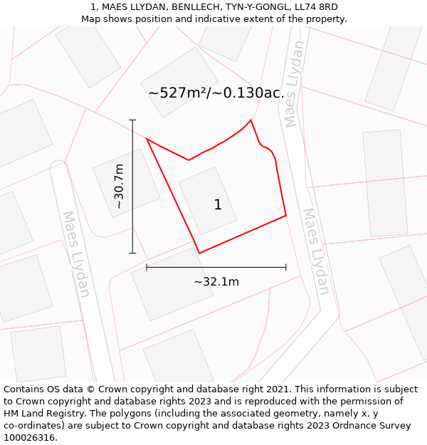 1, MAES LLYDAN, BENLLECH, TYN-Y-GONGL, LL74 8RD: Plot and title map