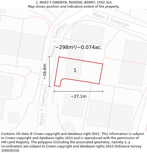 1, MAES Y GWENYN, RHOOSE, BARRY, CF62 3LA: Plot and title map