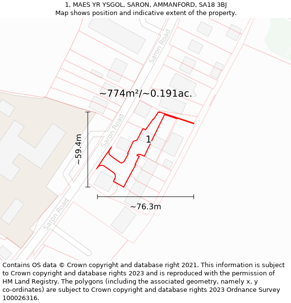 1, MAES YR YSGOL, SARON, AMMANFORD, SA18 3BJ: Plot and title map