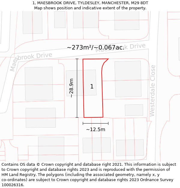 1, MAESBROOK DRIVE, TYLDESLEY, MANCHESTER, M29 8DT: Plot and title map