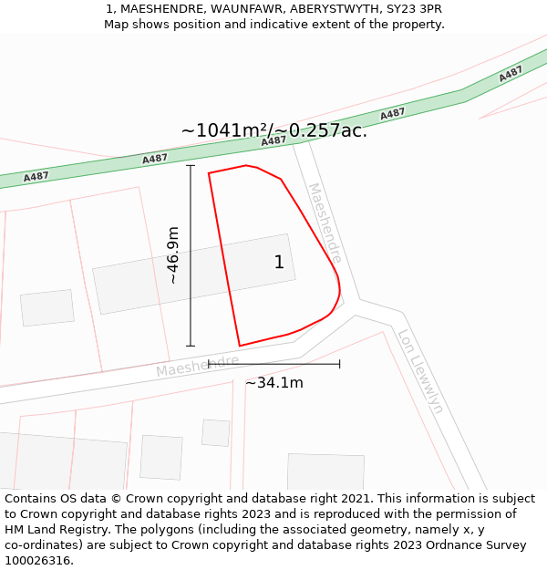 1, MAESHENDRE, WAUNFAWR, ABERYSTWYTH, SY23 3PR: Plot and title map