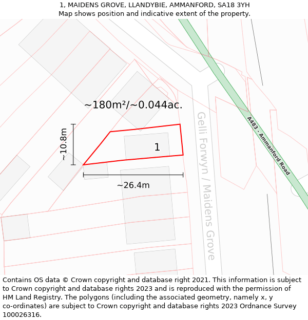 1, MAIDENS GROVE, LLANDYBIE, AMMANFORD, SA18 3YH: Plot and title map