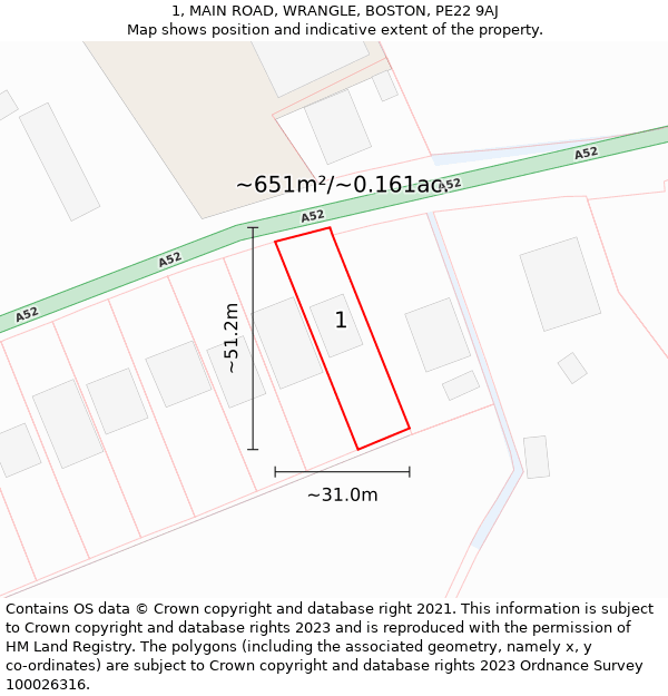 1, MAIN ROAD, WRANGLE, BOSTON, PE22 9AJ: Plot and title map