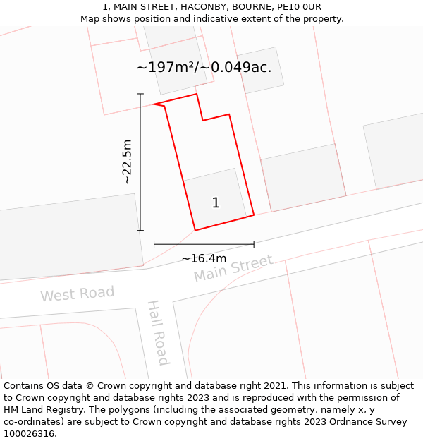 1, MAIN STREET, HACONBY, BOURNE, PE10 0UR: Plot and title map