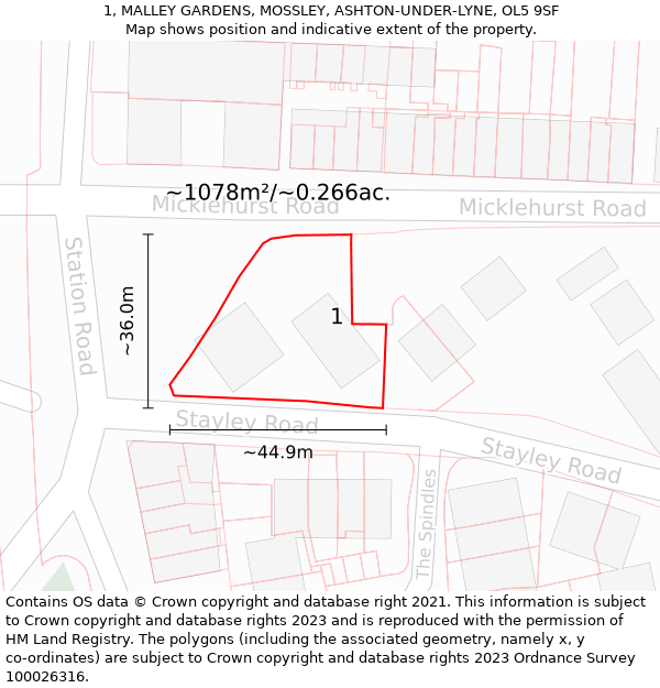 1, MALLEY GARDENS, MOSSLEY, ASHTON-UNDER-LYNE, OL5 9SF: Plot and title map